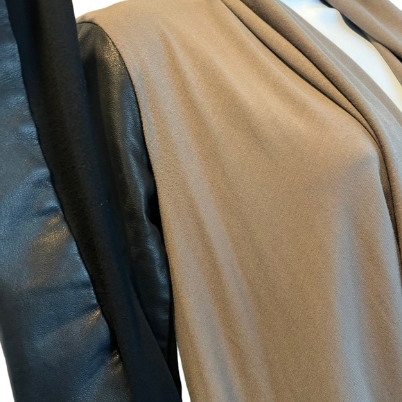 Open Front Draped Jacket with Leather Sleeve Detail - Picture 3 of 6